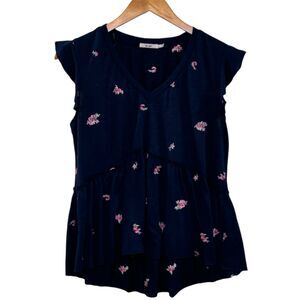 Francesca’s Mi Ami Floral Embroidered Short Sleeve Tee Blue Extra Large/Large
